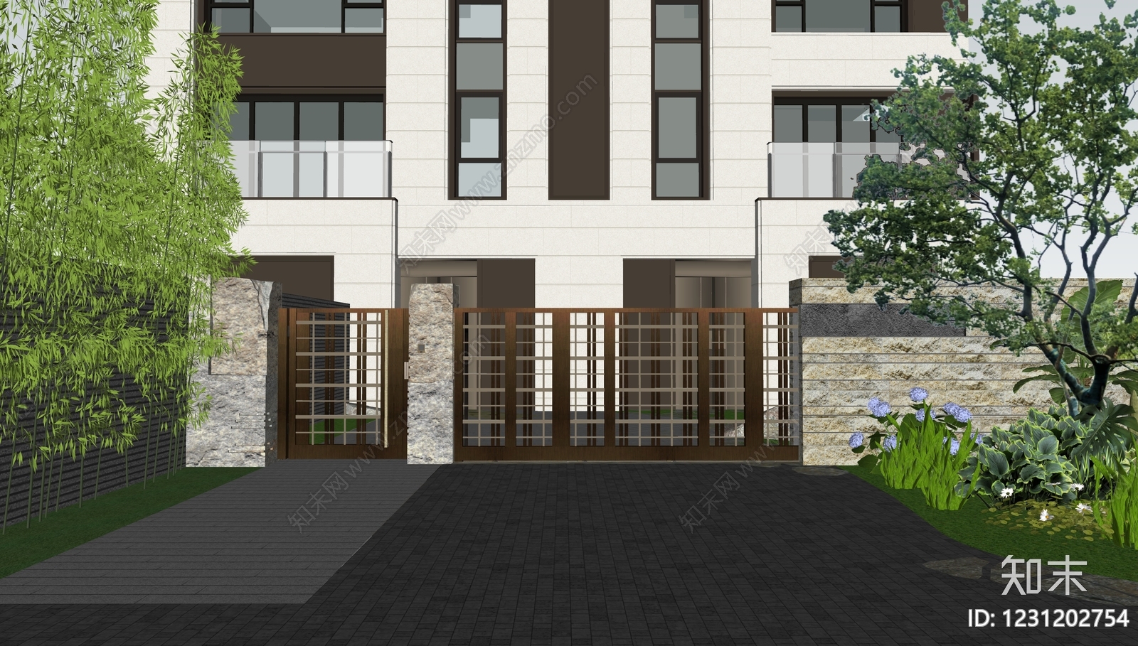 新中式景观入口大门SU模型下载【ID:1231202754】