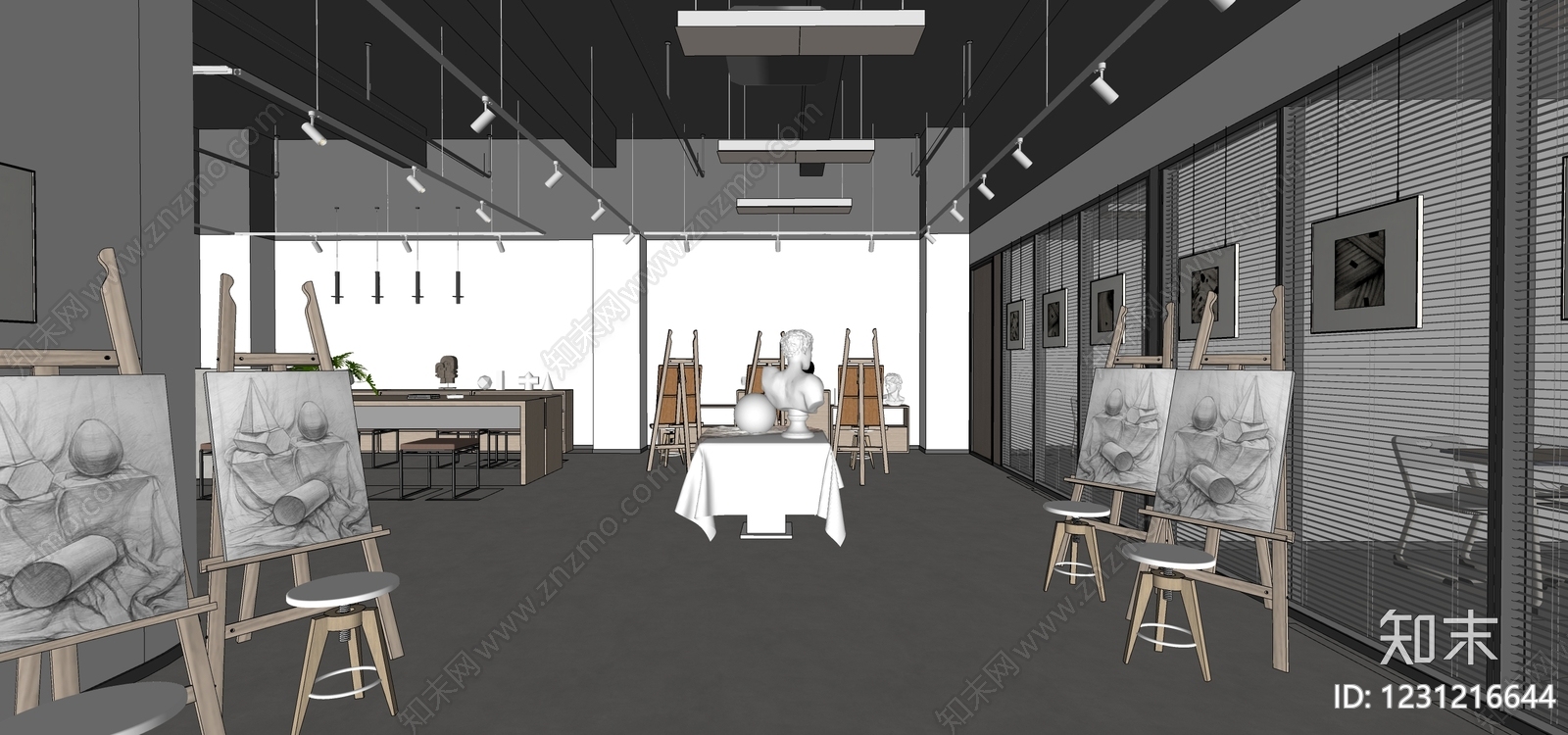 现代简约艺术展厅SU模型下载【ID:1231216644】