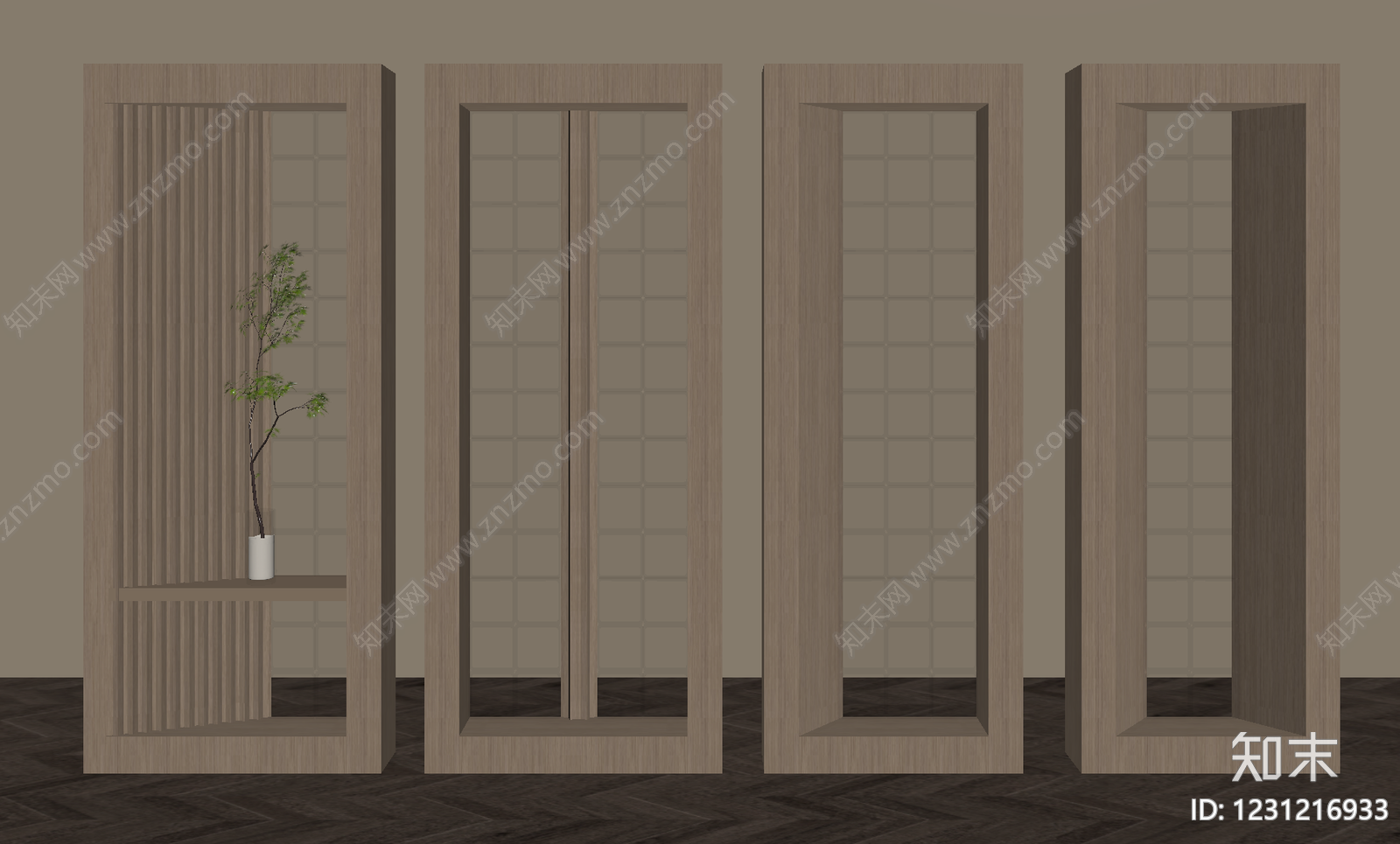 原木风隔断SU模型下载【ID:1231216933】
