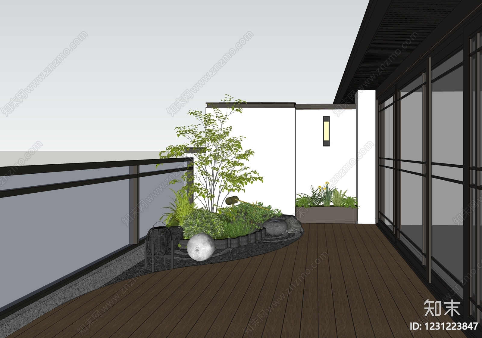 新中式景观屋顶花园SU模型下载【ID:1231223847】