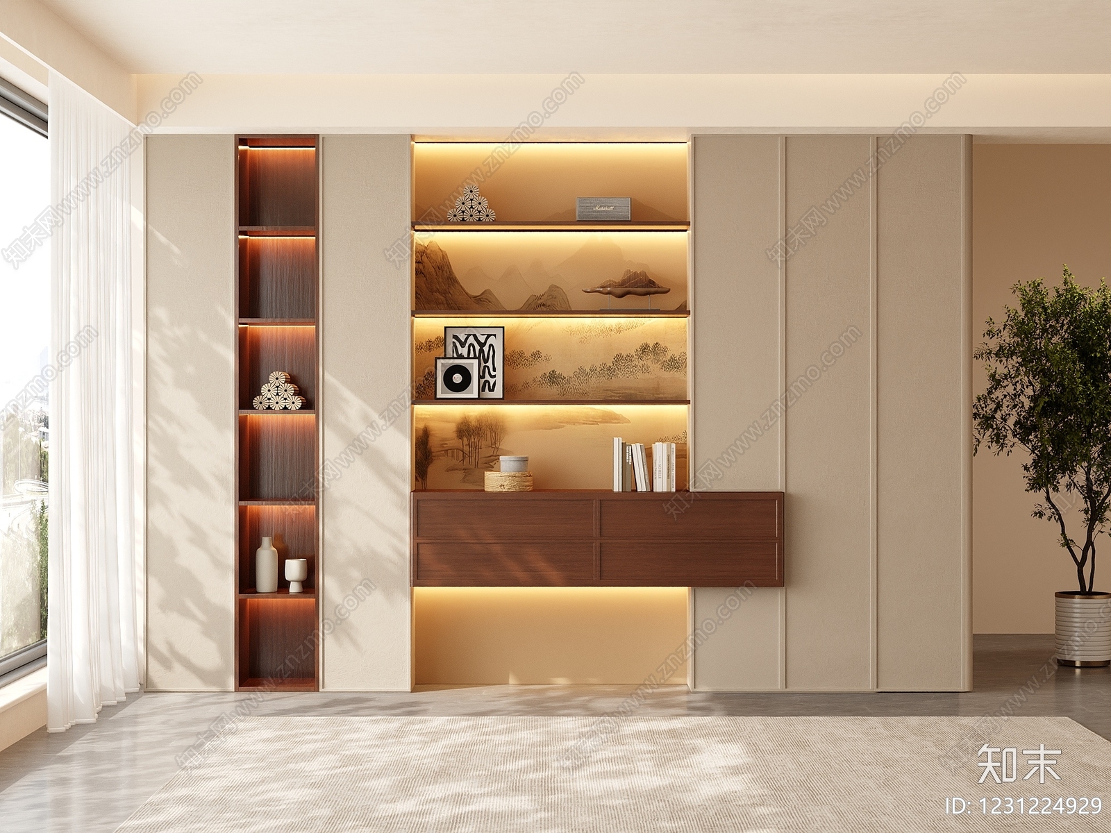 新中式书柜3D模型下载【ID:1231224929】
