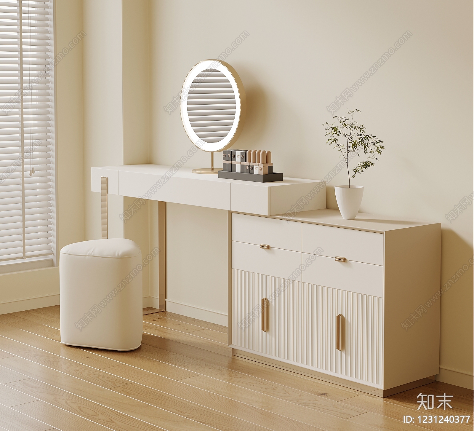 奶油风妆台妆凳3D模型下载【ID:1231240377】