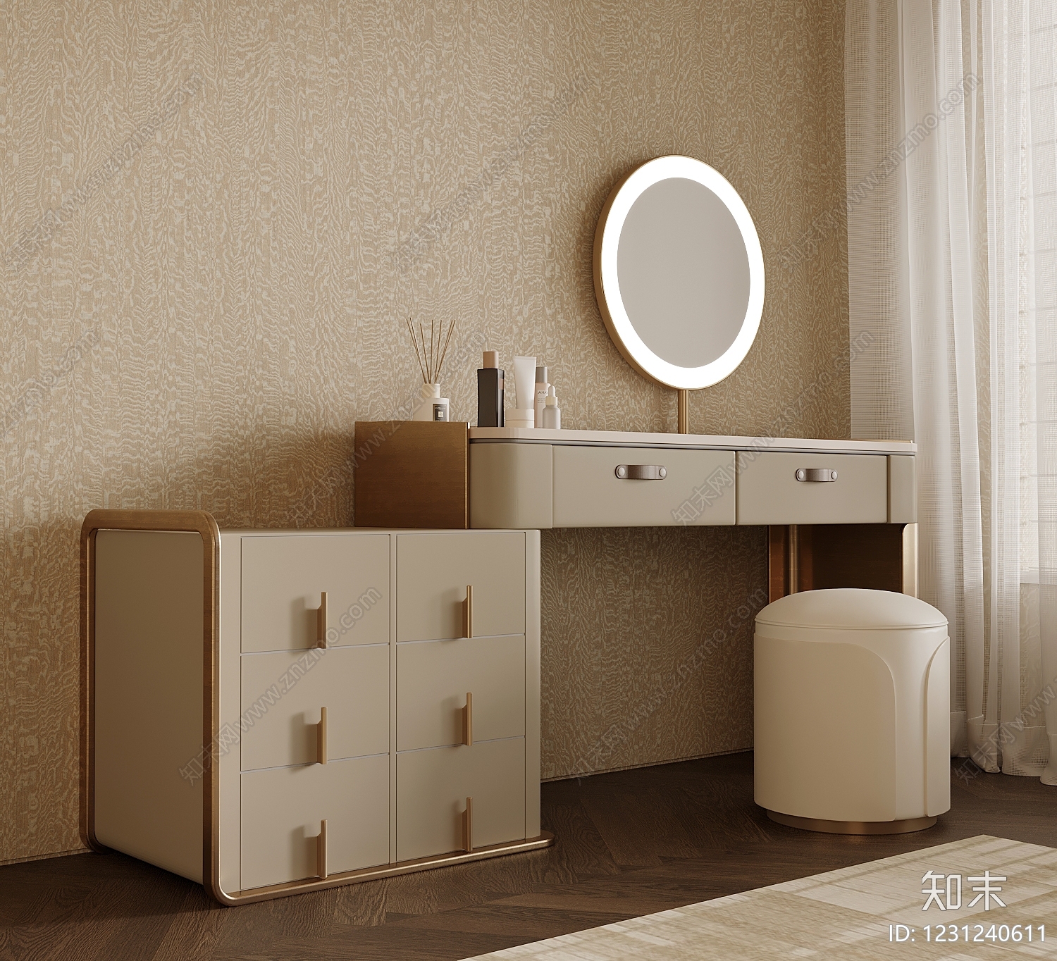 轻奢妆台妆凳3D模型下载【ID:1231240611】