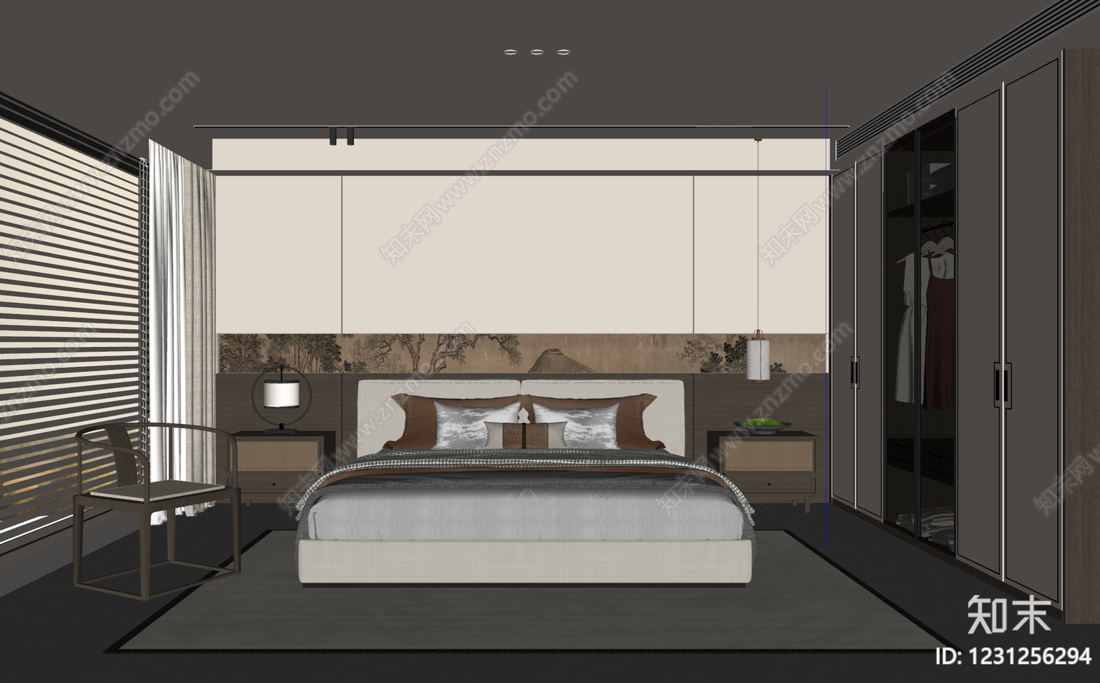 新中式家居卧室SU模型下载【ID:1231256294】