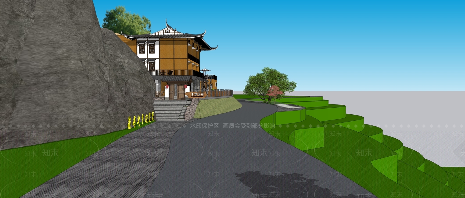 中式民宿建筑SU模型下载【ID:1231259960】