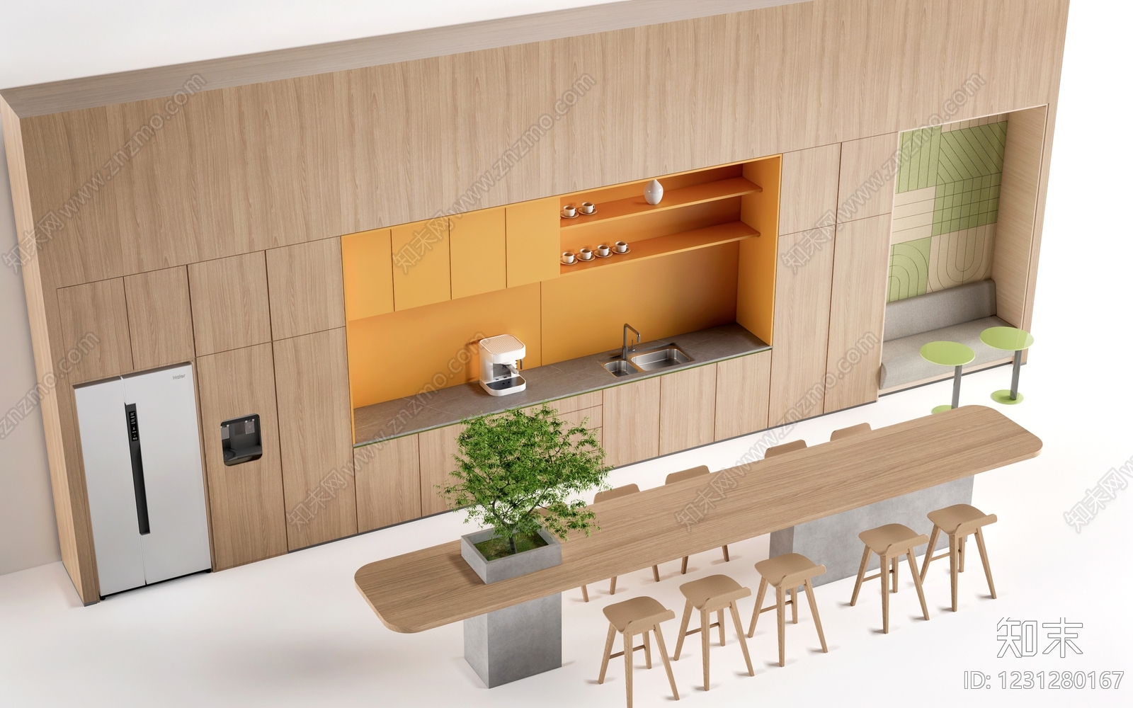 原木风茶水间3D模型渲染效果图