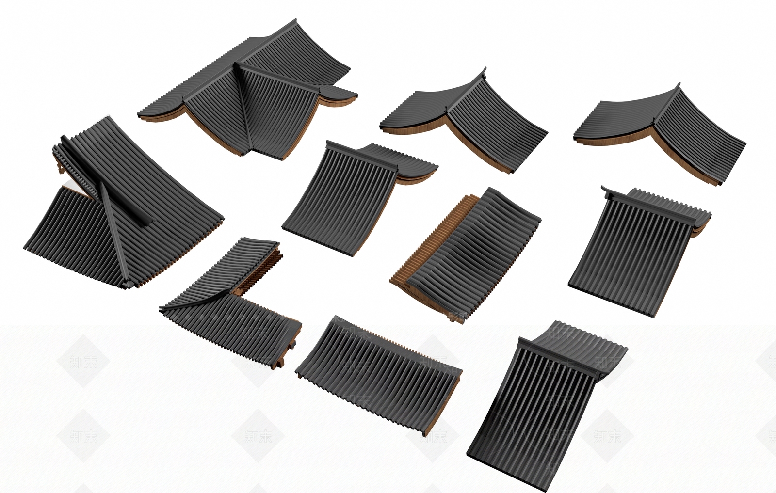 中式古建屋檐3D模型渲染效果图