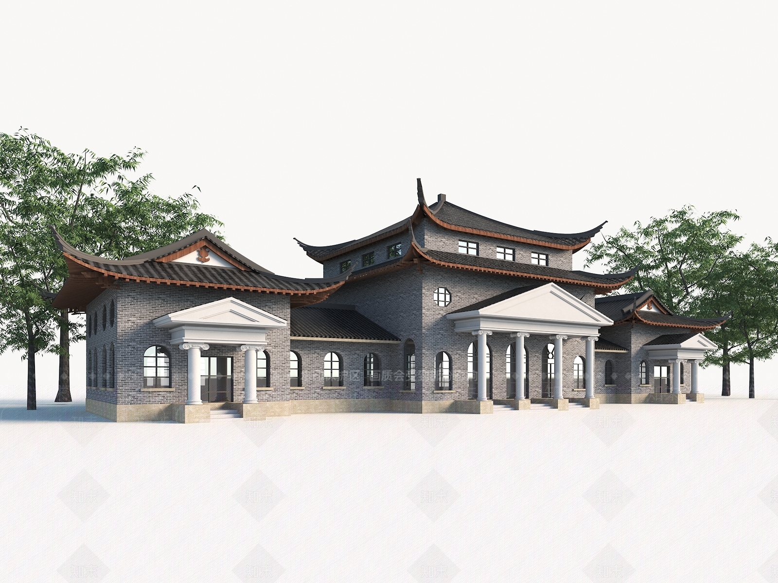 新中式艺术风格建筑3D模型下载【ID:1231298979】