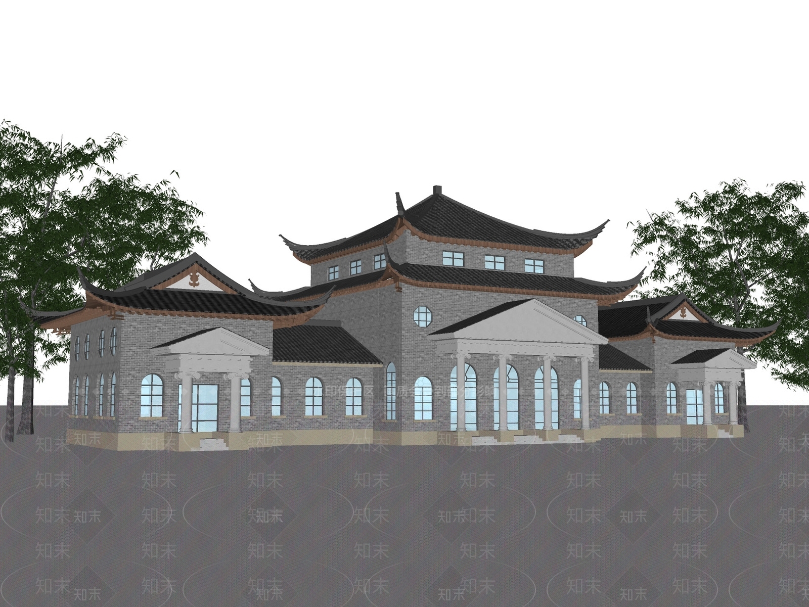 新中式风格建筑SU模型下载【ID:1231299064】