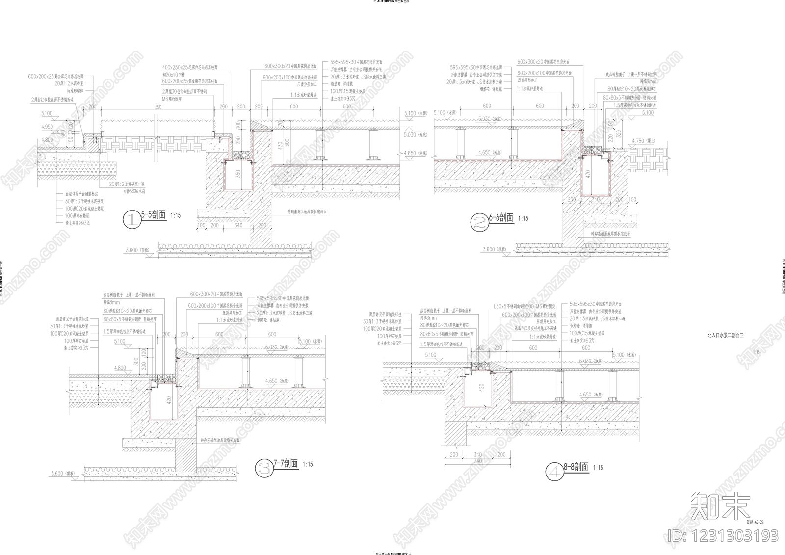 镜面水景cad施工图下载【ID:1231303193】