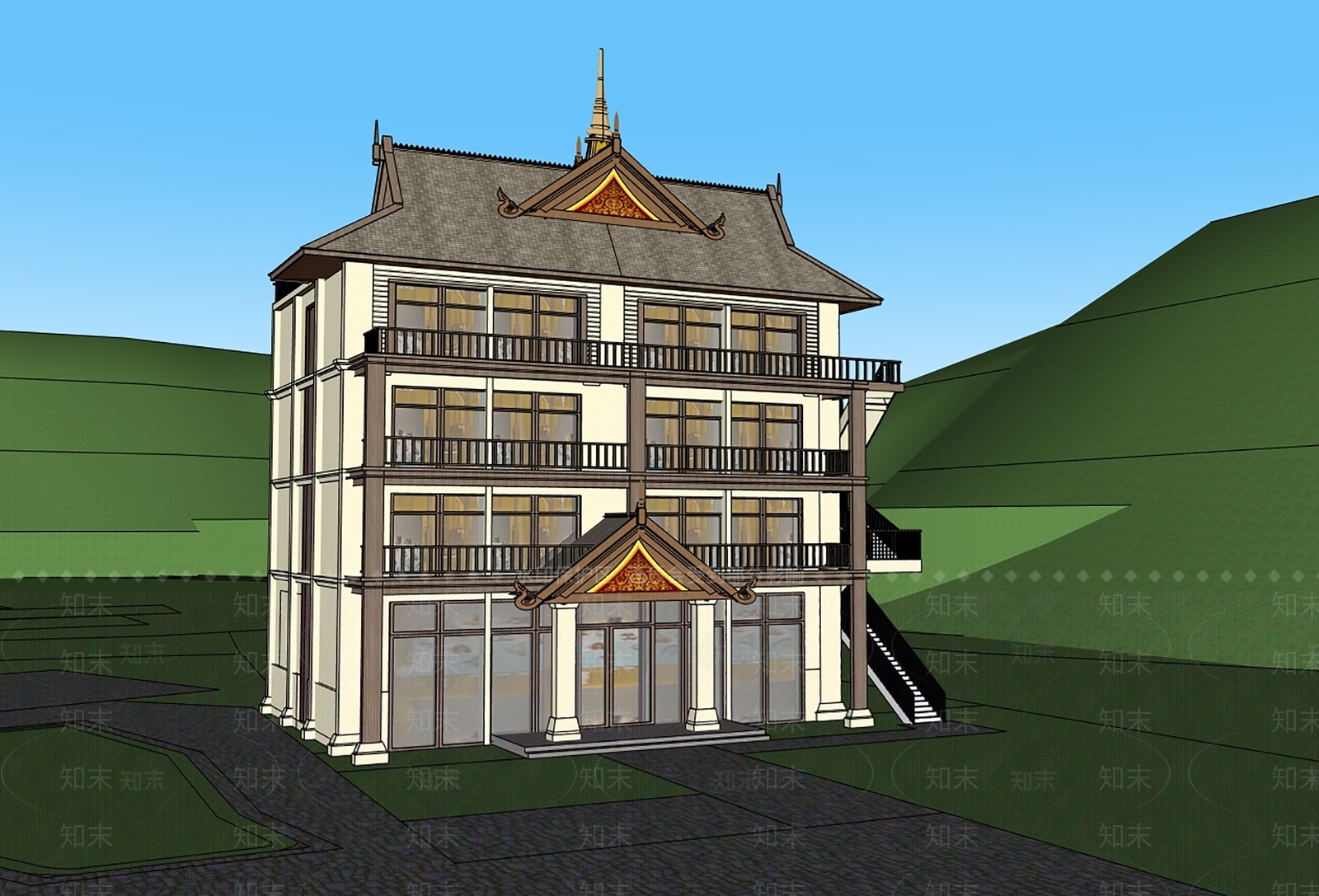 东南亚传统建筑风格民宿建筑SU模型下载【ID:1231314183】