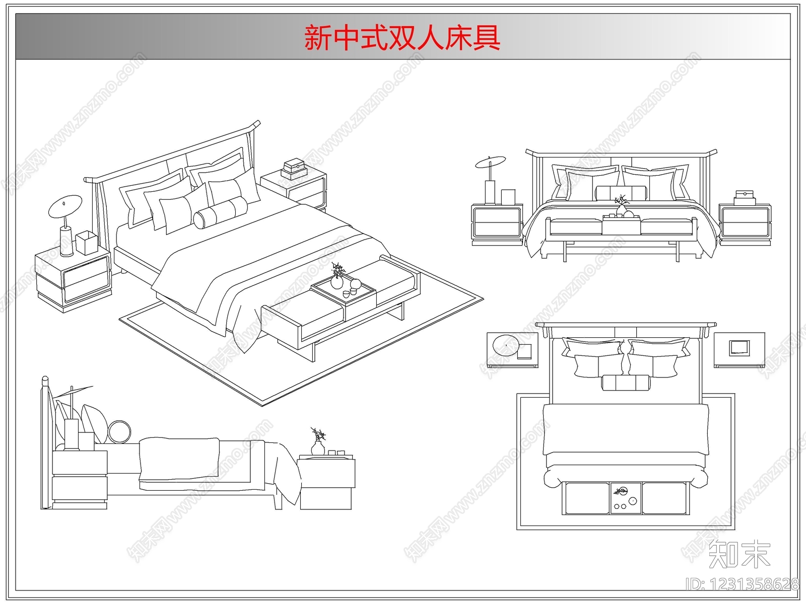 新中式床CAD图纸