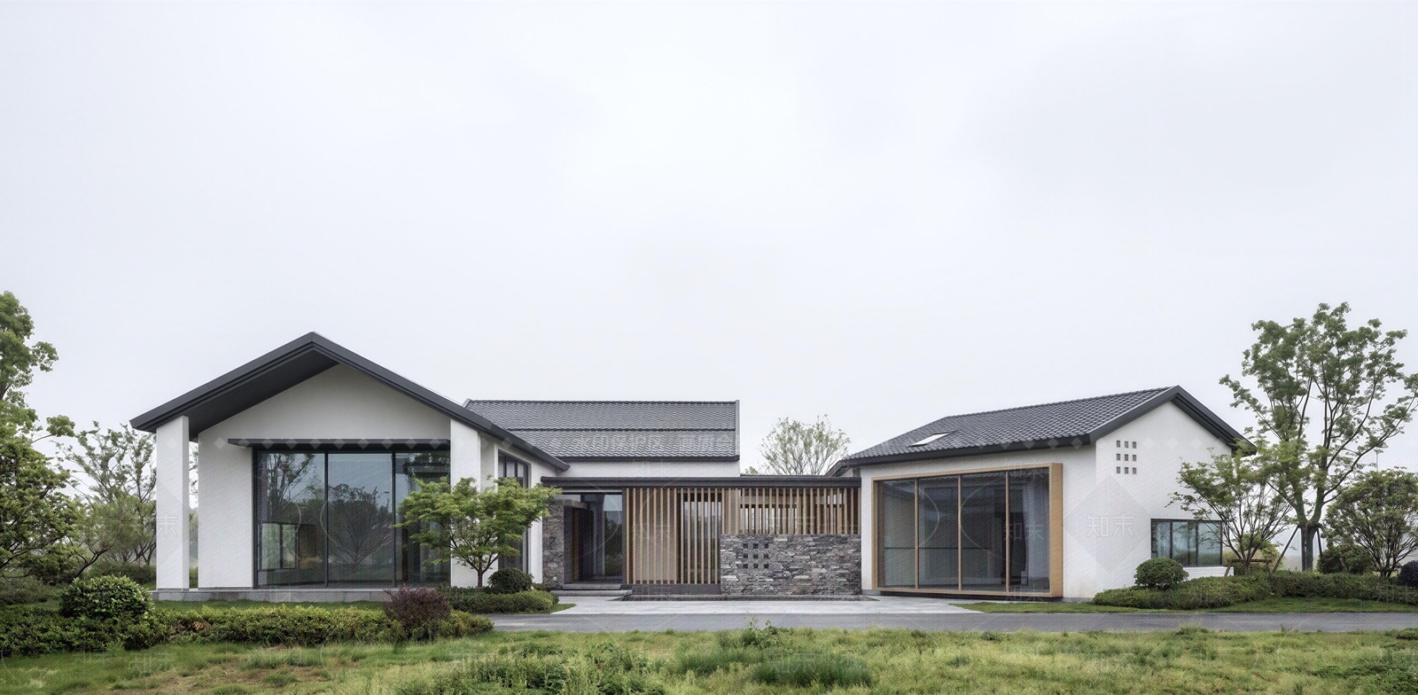 新中式景观民宿建筑SU模型下载【ID:1231359553】