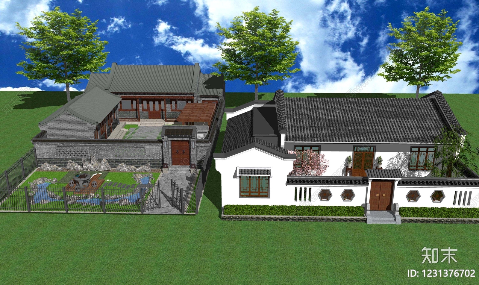 中式古建四合院SU模型下载【ID:1231376702】
