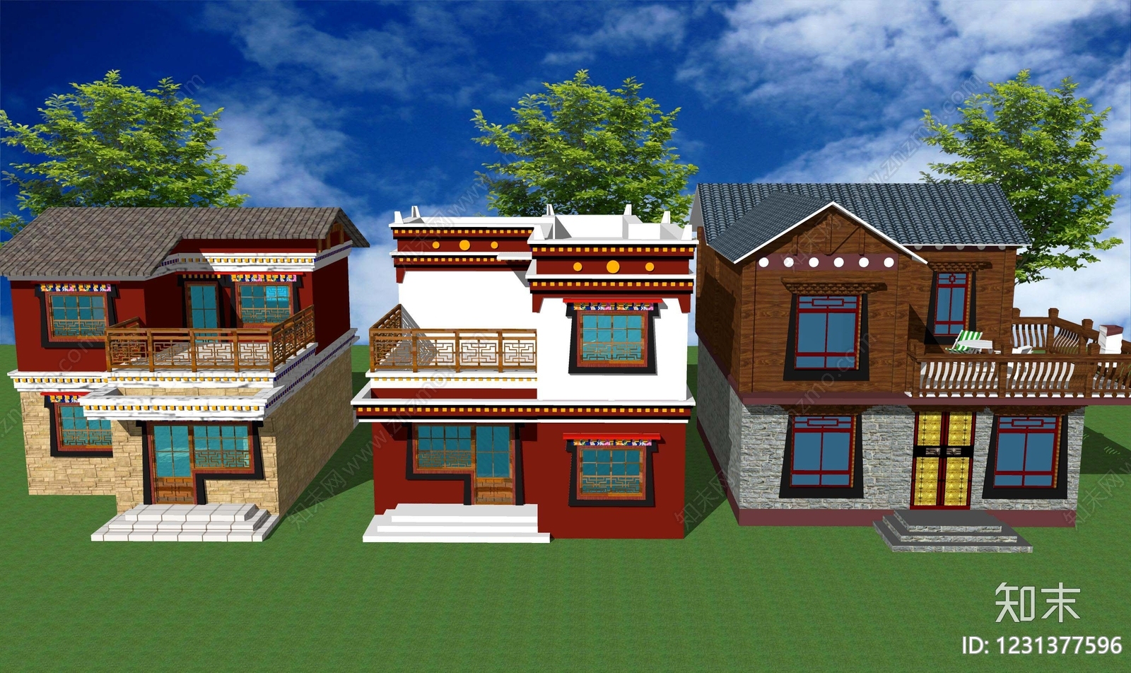 藏式传统建筑风格乡村民房SU模型下载【ID:1231377596】