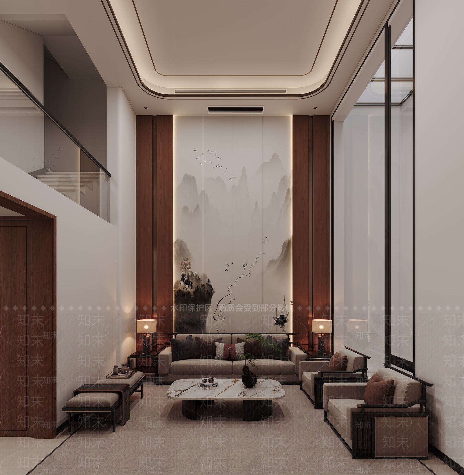 新中式挑空客厅3D模型下载【ID:1231398879】