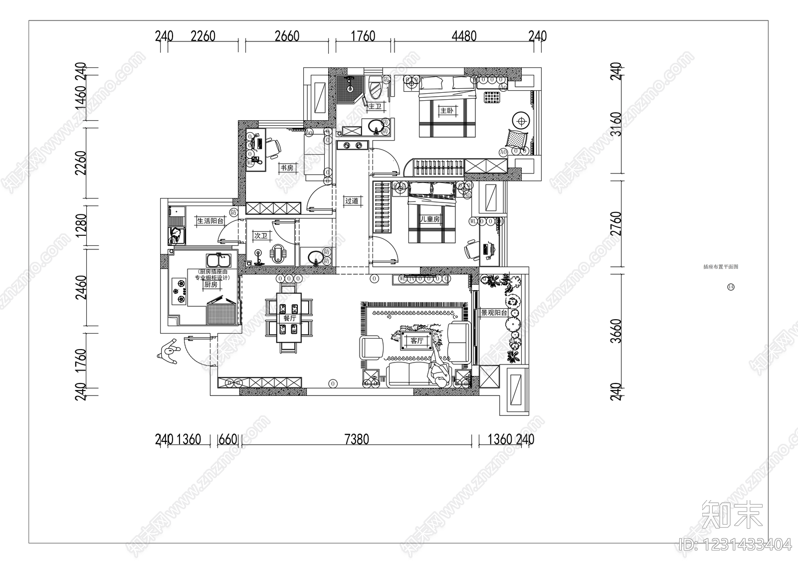 小户型平层cad施工图下载【ID:1231433404】