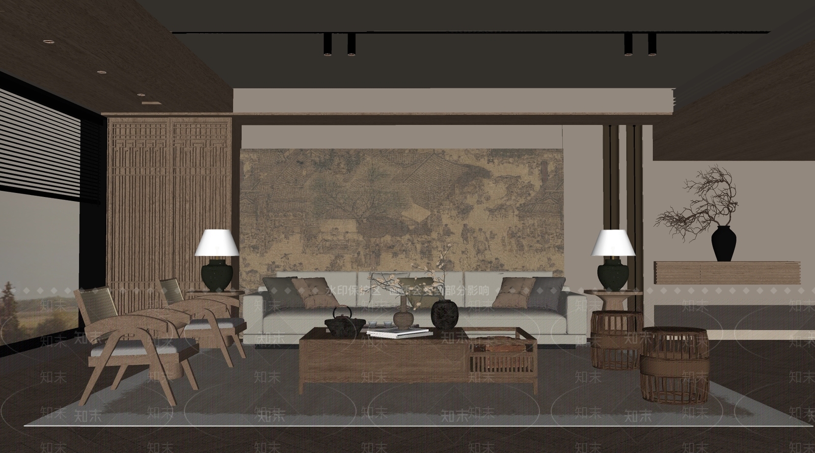 新中式家居客厅SU模型下载【ID:1231434964】