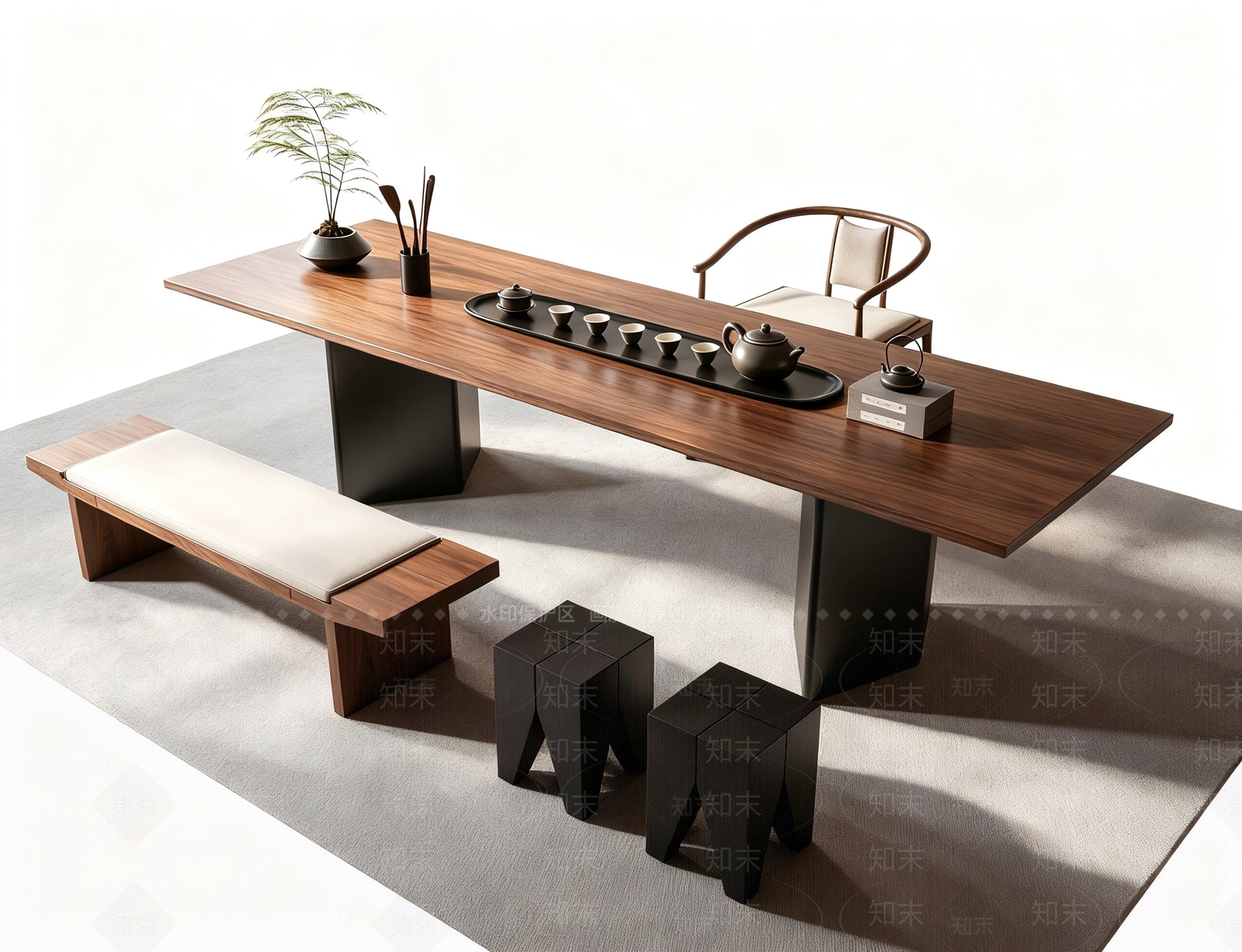 新中式茶桌椅3D模型下载【ID:1231449613】