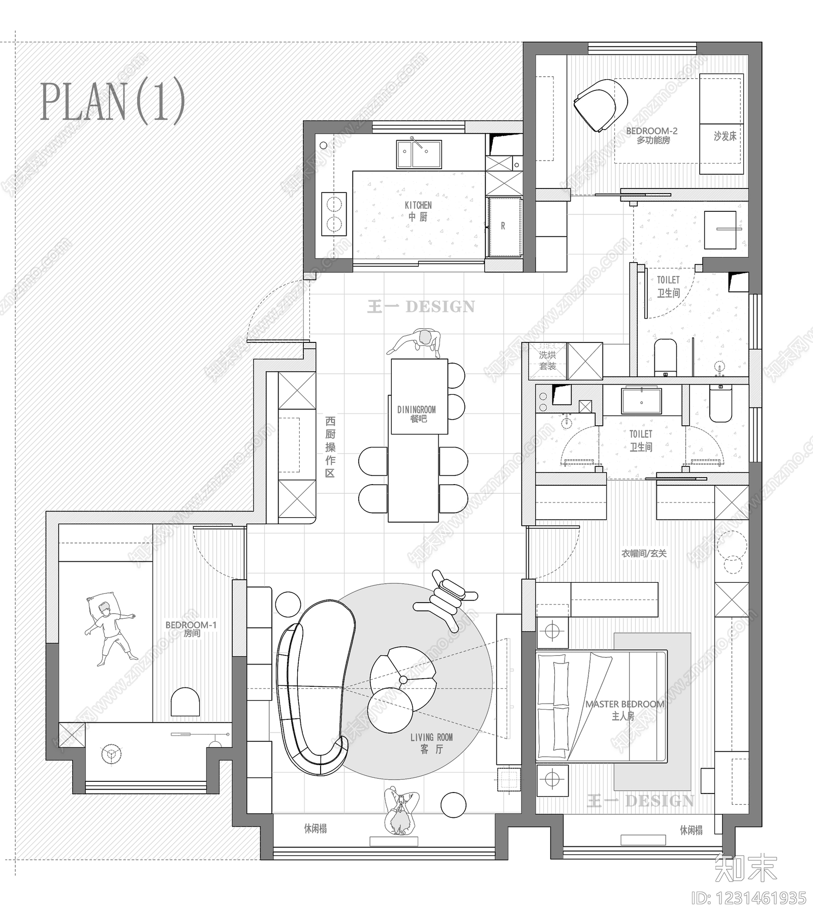 小户型平层cad施工图下载【ID:1231461935】