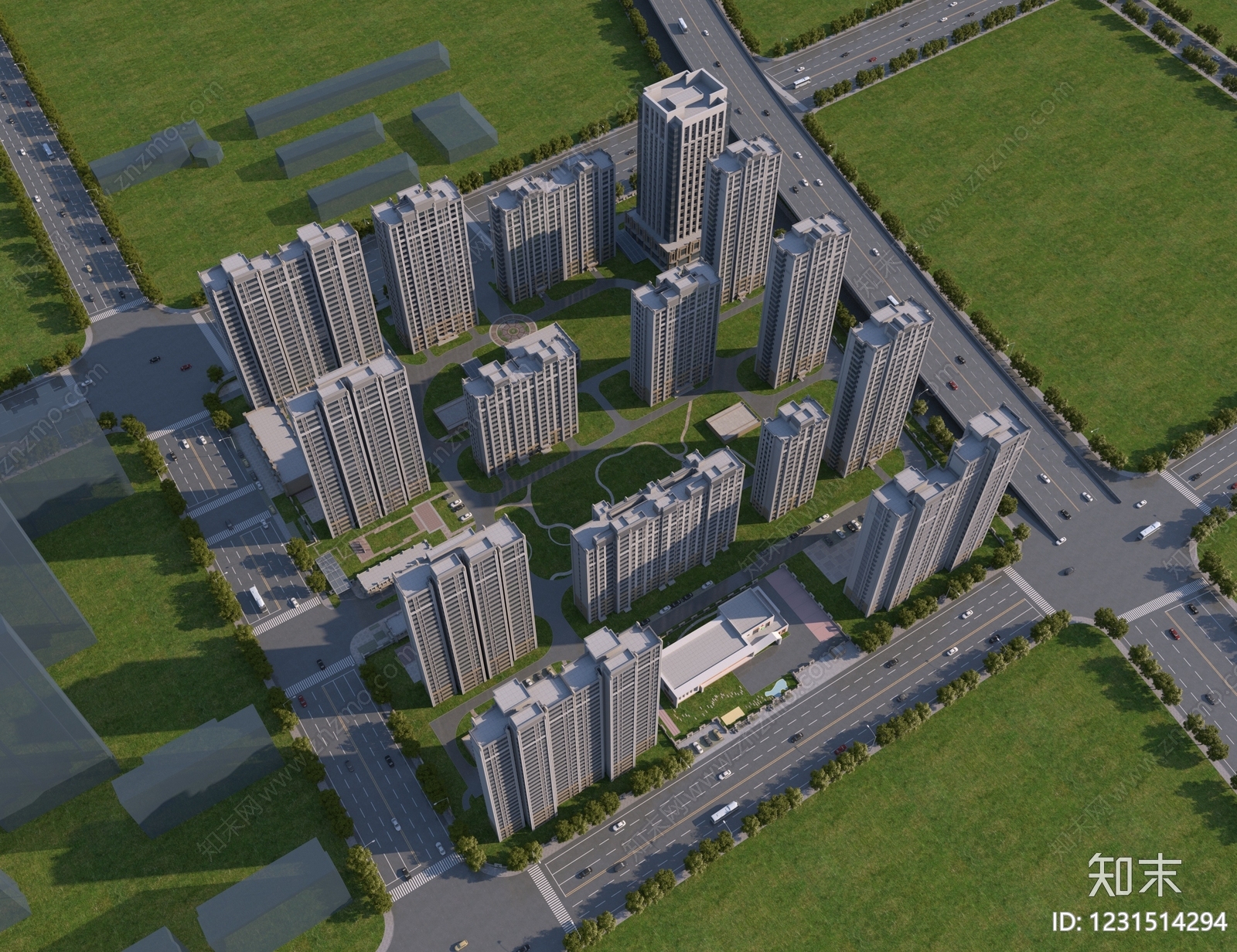 现代主义小高层住宅楼3D模型下载【ID:1231514294】