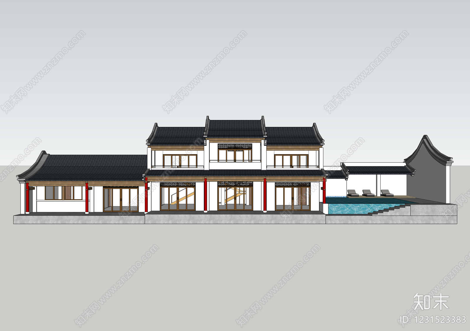 新中式民宿建筑SU模型下载【ID:1231523383】