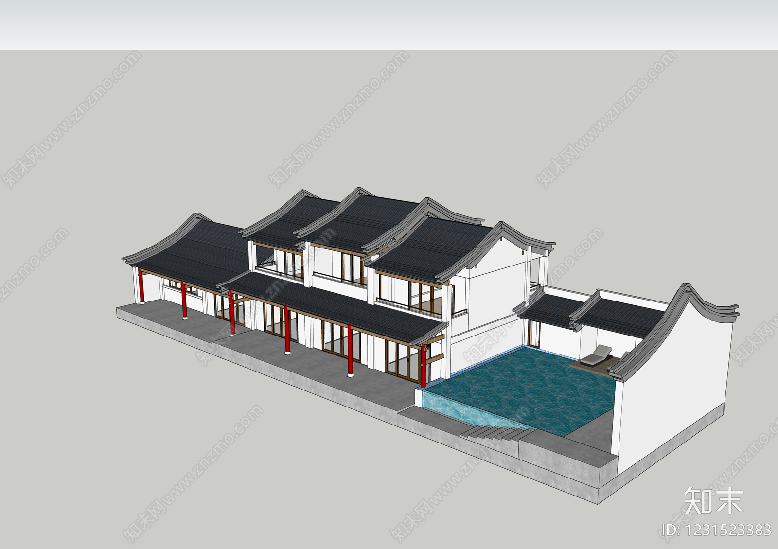 新中式民宿建筑SU模型下载【ID:1231523383】