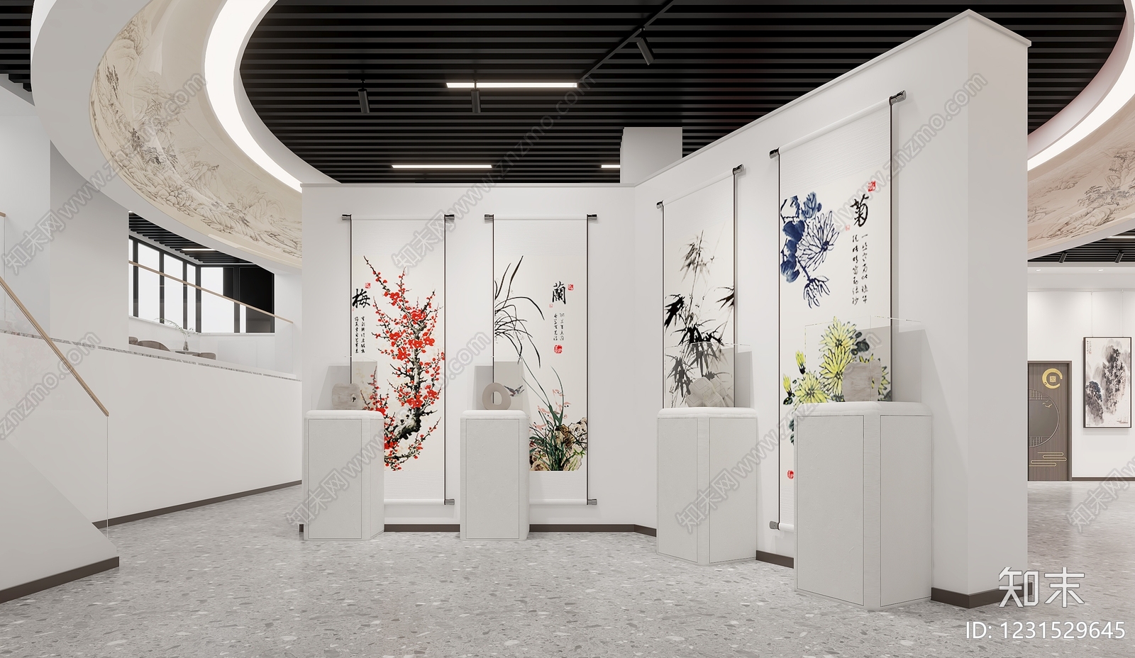 新中式艺术展厅3D模型渲染效果图