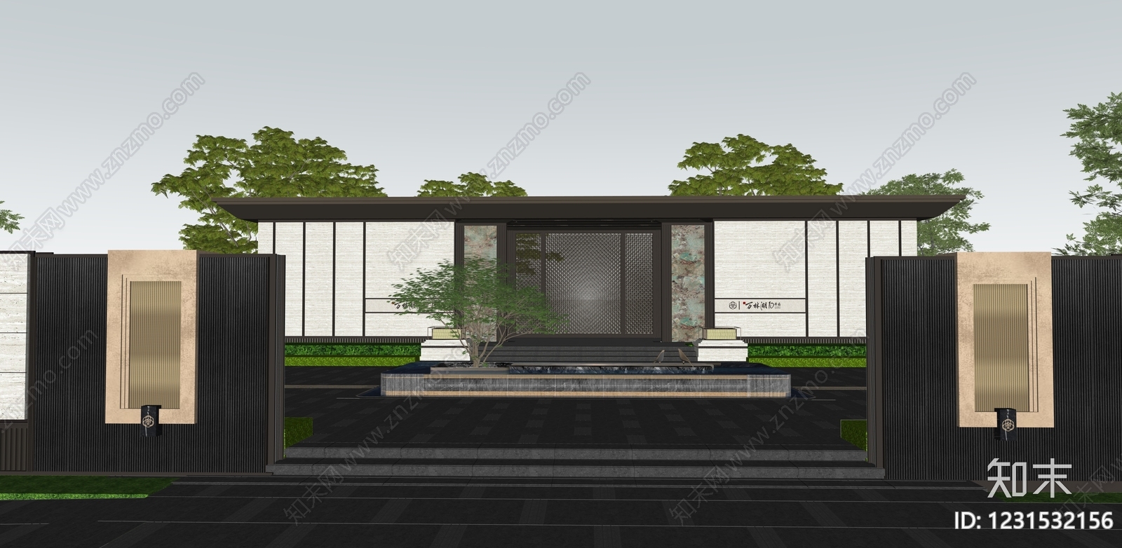 新中式景观入口大门SU模型下载【ID:1231532156】
