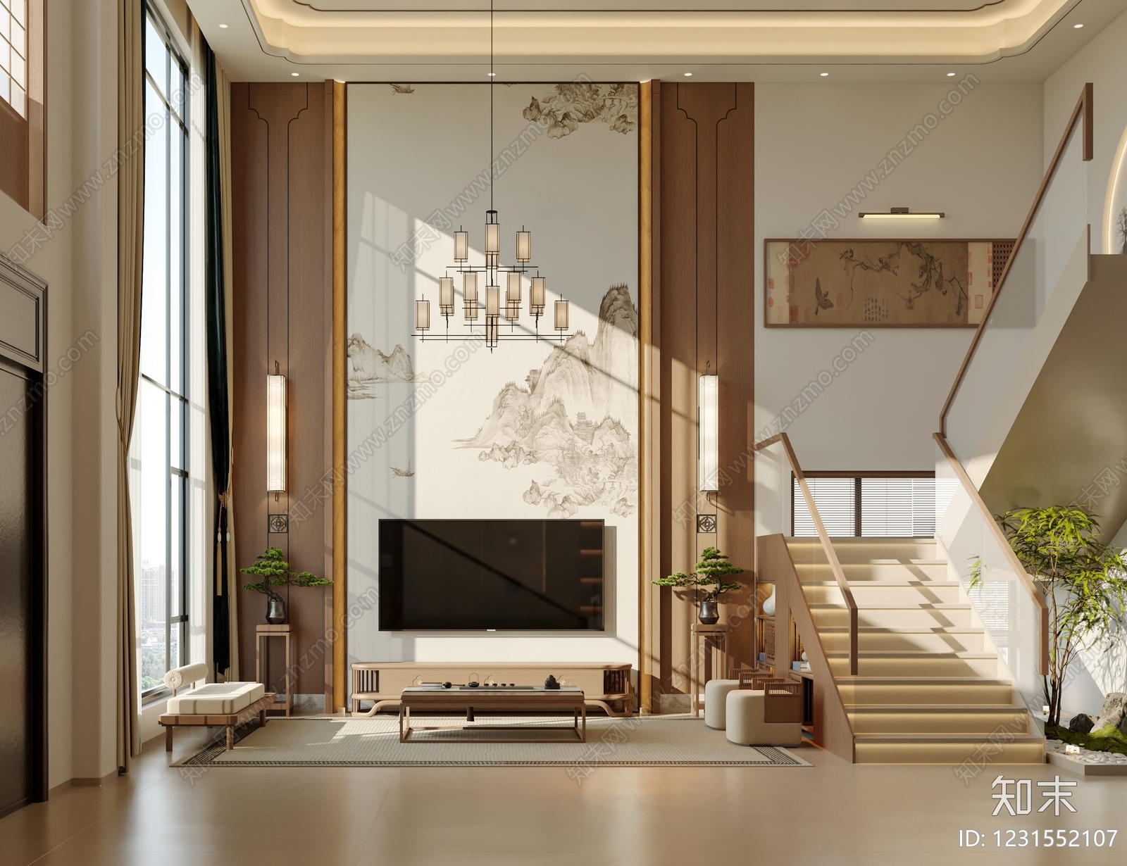 新中式别墅客厅3D模型渲染效果图