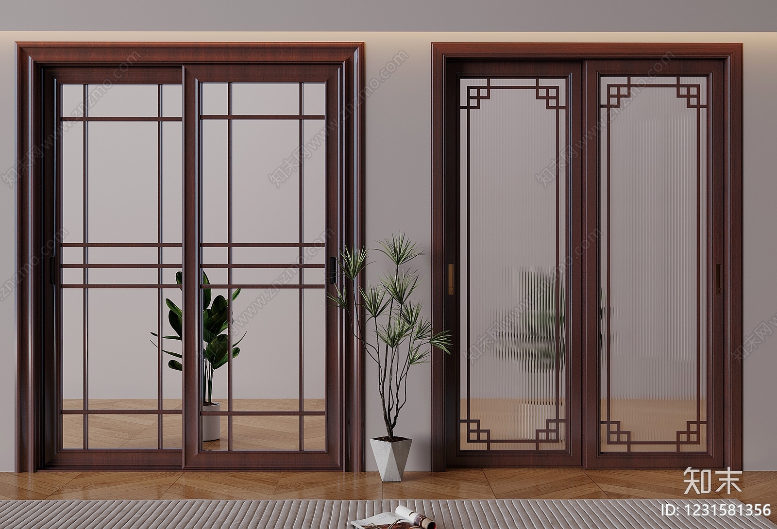 新中式推拉门3D模型下载【ID:1231581356】
