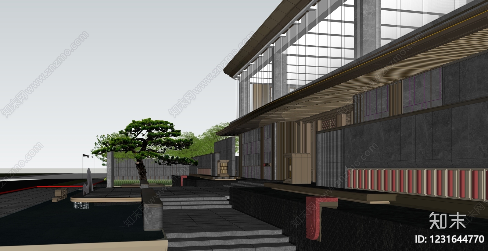 新中式景观售楼处建筑SU模型下载【ID:1231644770】