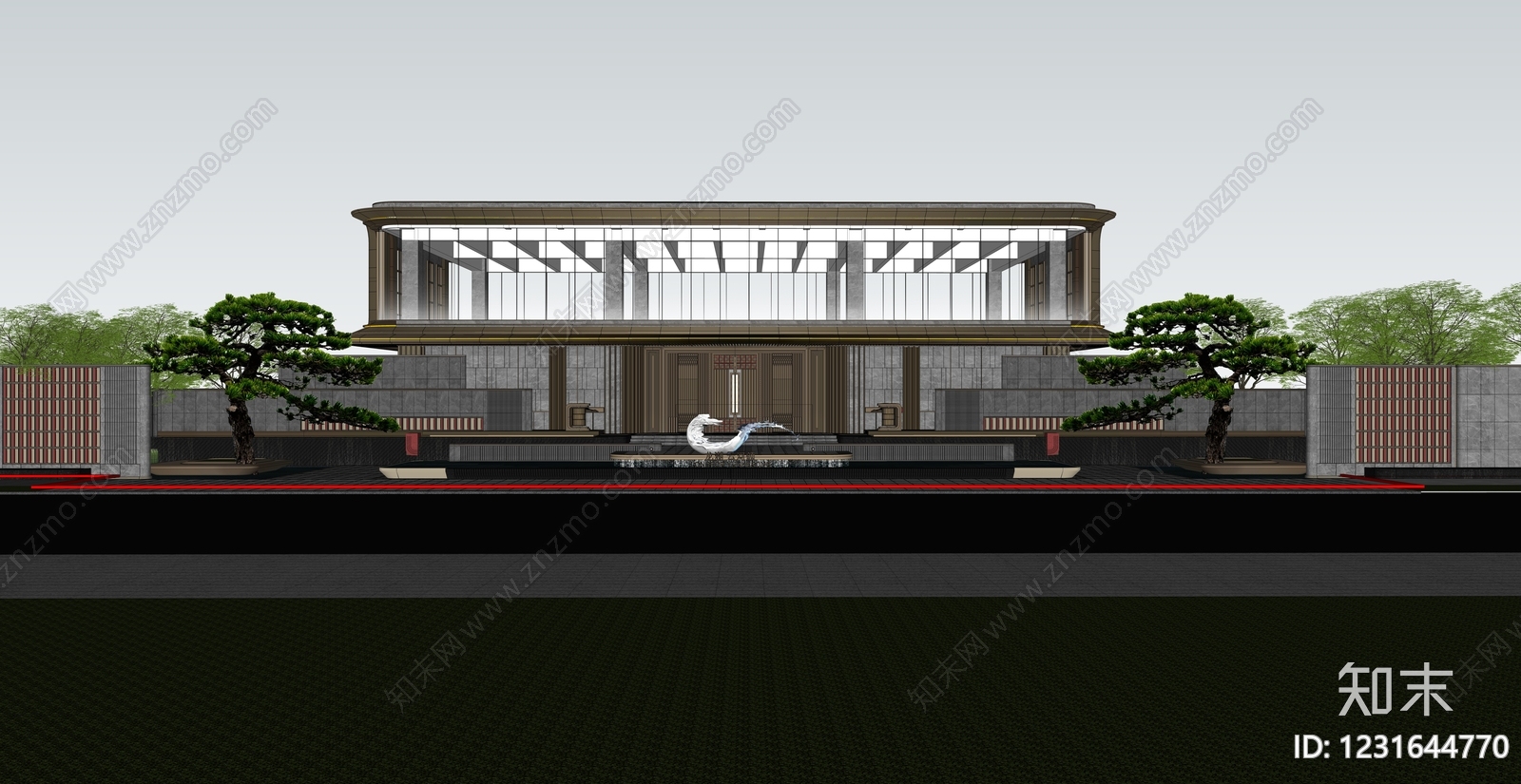 新中式景观售楼处建筑SU模型下载【ID:1231644770】