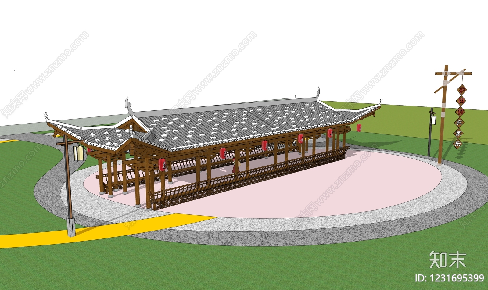 中式古建连廊SU模型下载【ID:1231695399】