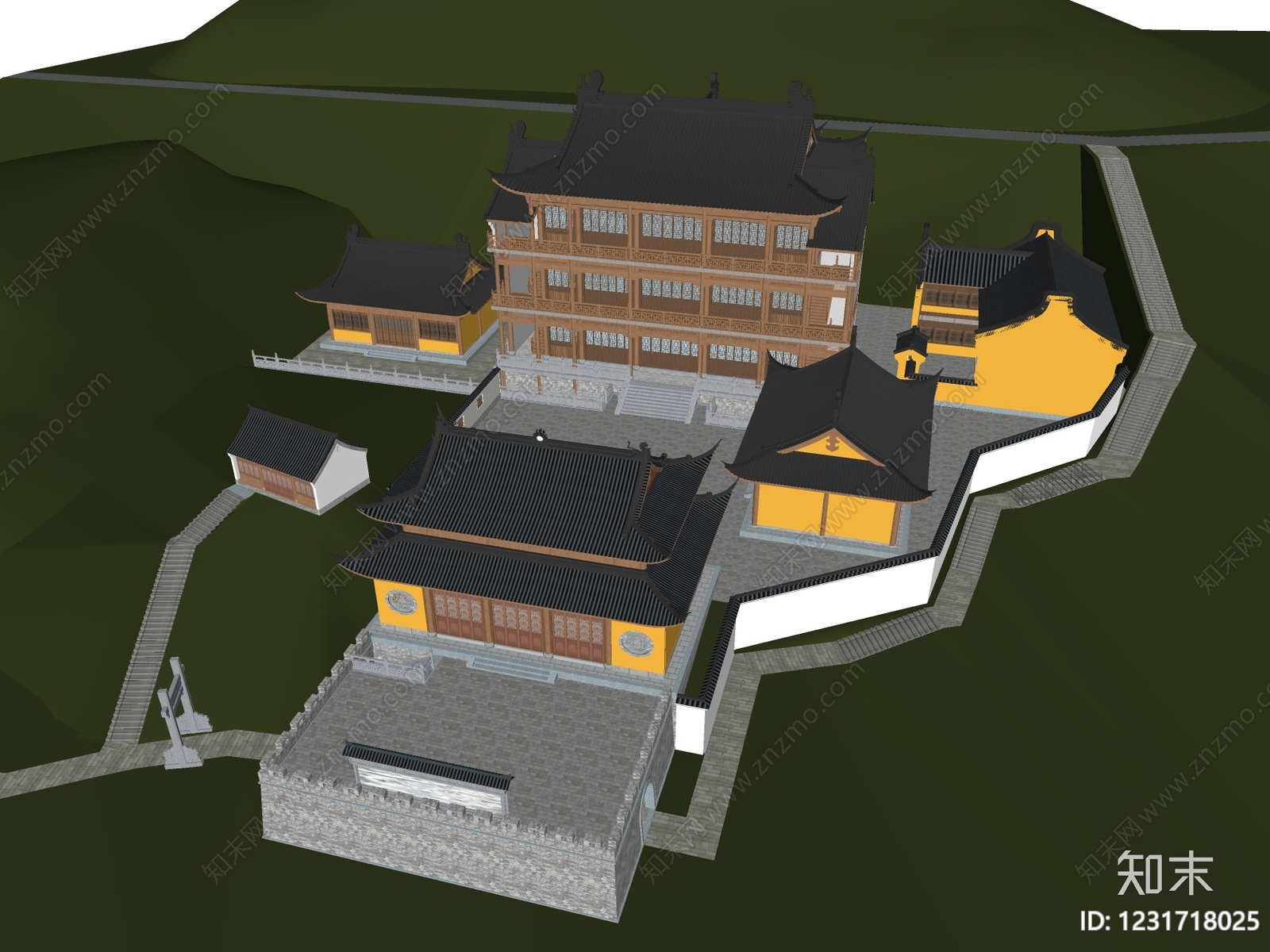 中式古建寺庙建筑SU模型下载【ID:1231718025】