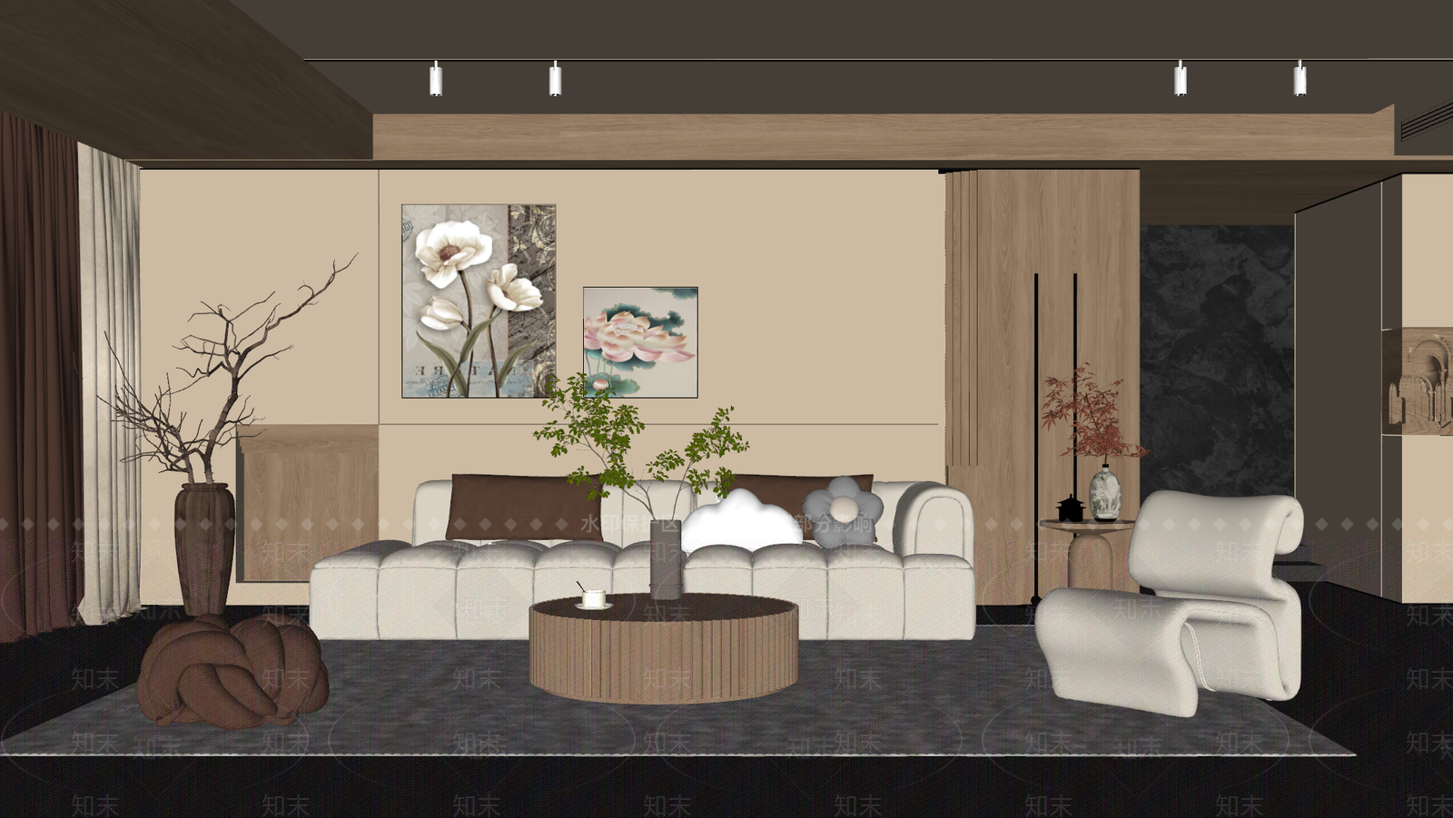 奶油风家居客厅SU模型下载【ID:1231734721】