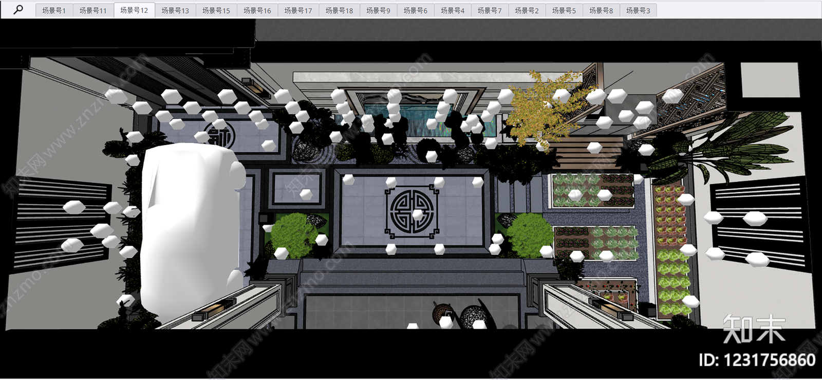 新中式景观别墅庭院SU模型下载【ID:1231756860】