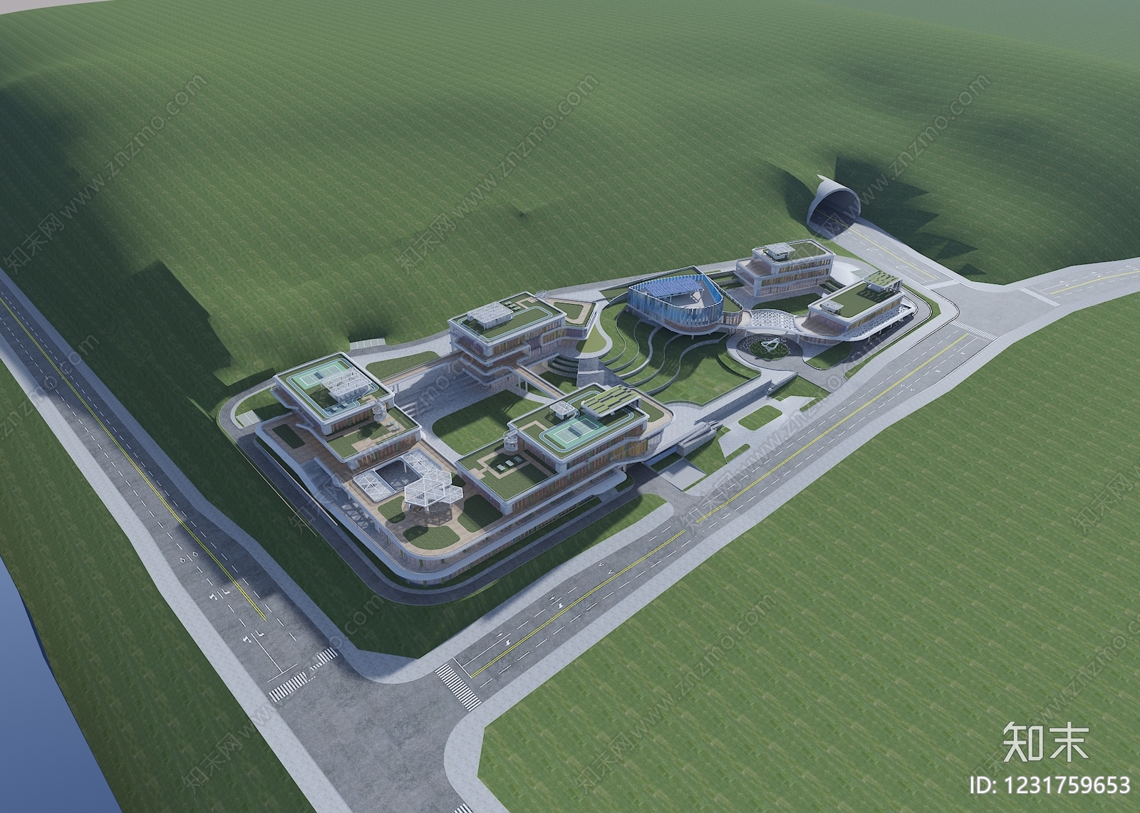 现代主义产业园办公楼3D模型下载【ID:1231759653】