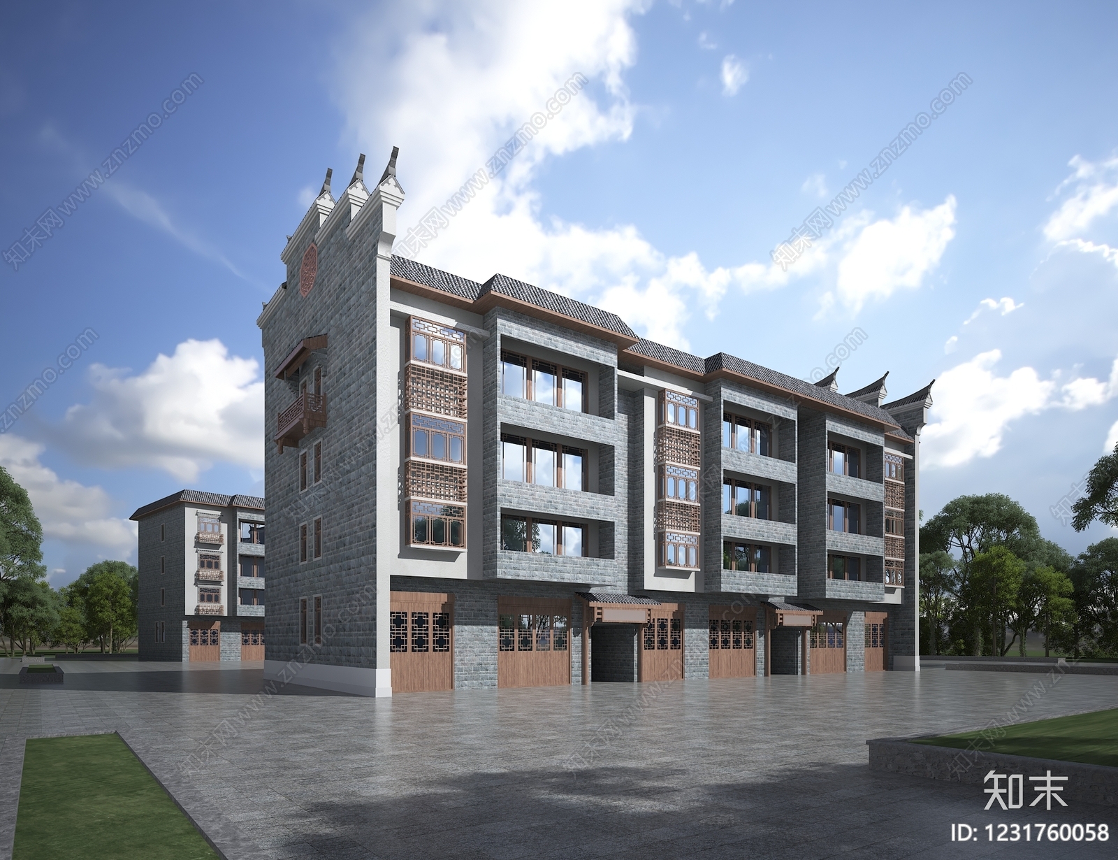 新中式多层住宅楼3D模型下载【ID:1231760058】