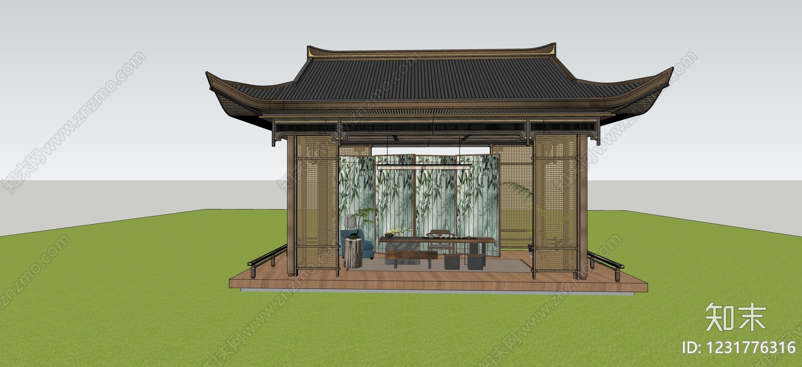 新中式亭子SU模型下载【ID:1231776316】