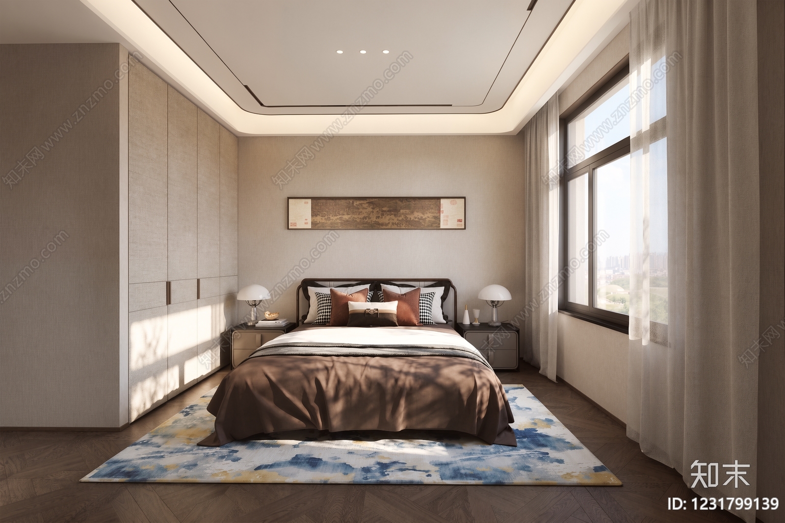 新中式卧室SU模型下载【ID:1231799139】