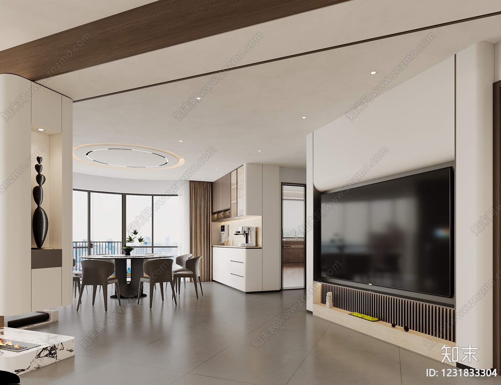 现代简约大平层客餐厅3D模型下载【ID:1231833304】
