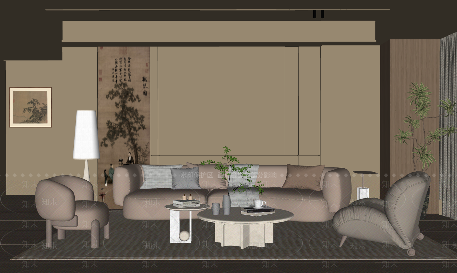 奶油风家居客厅SU模型下载【ID:1231842232】