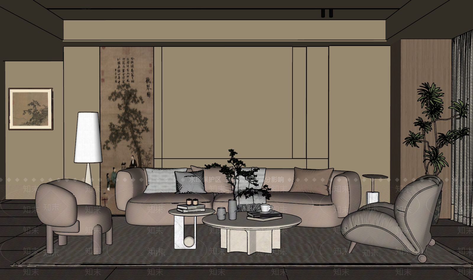 奶油风家居客厅SU模型下载【ID:1231842232】