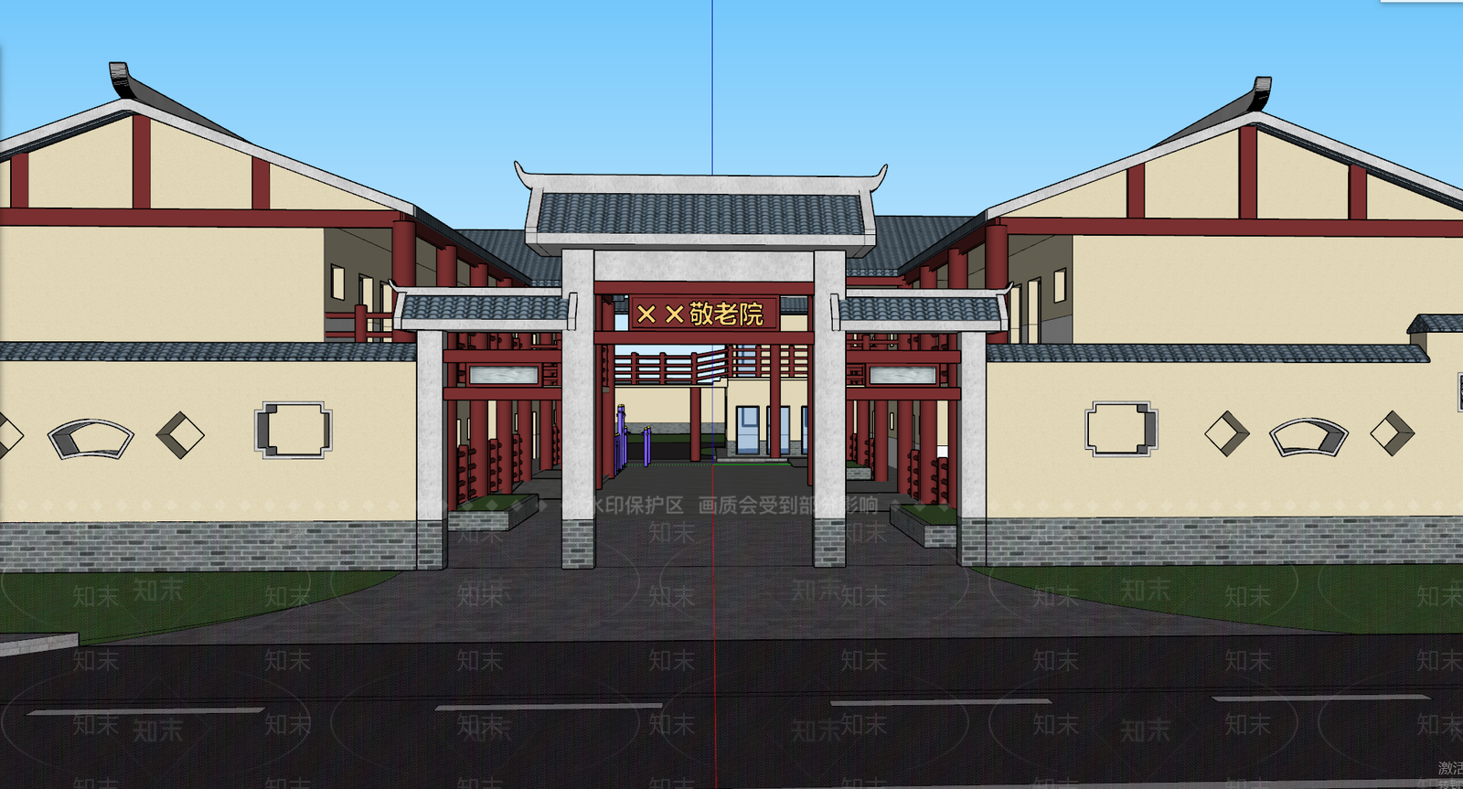 新中式景观老年公寓SU模型下载【ID:1231843518】