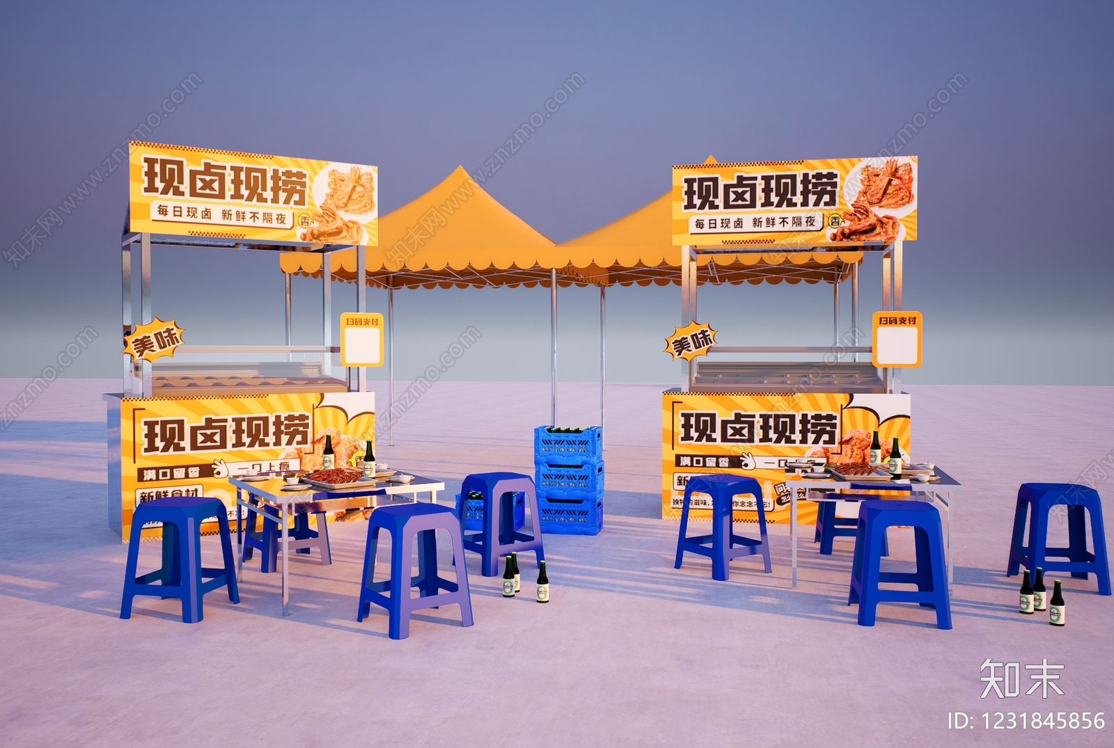 现代街边美食摊位SU模型下载【ID:1231845856】