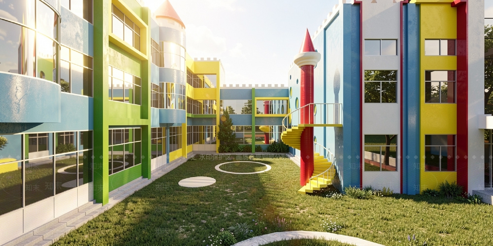 童趣现代建筑幼儿园3D模型渲染效果图