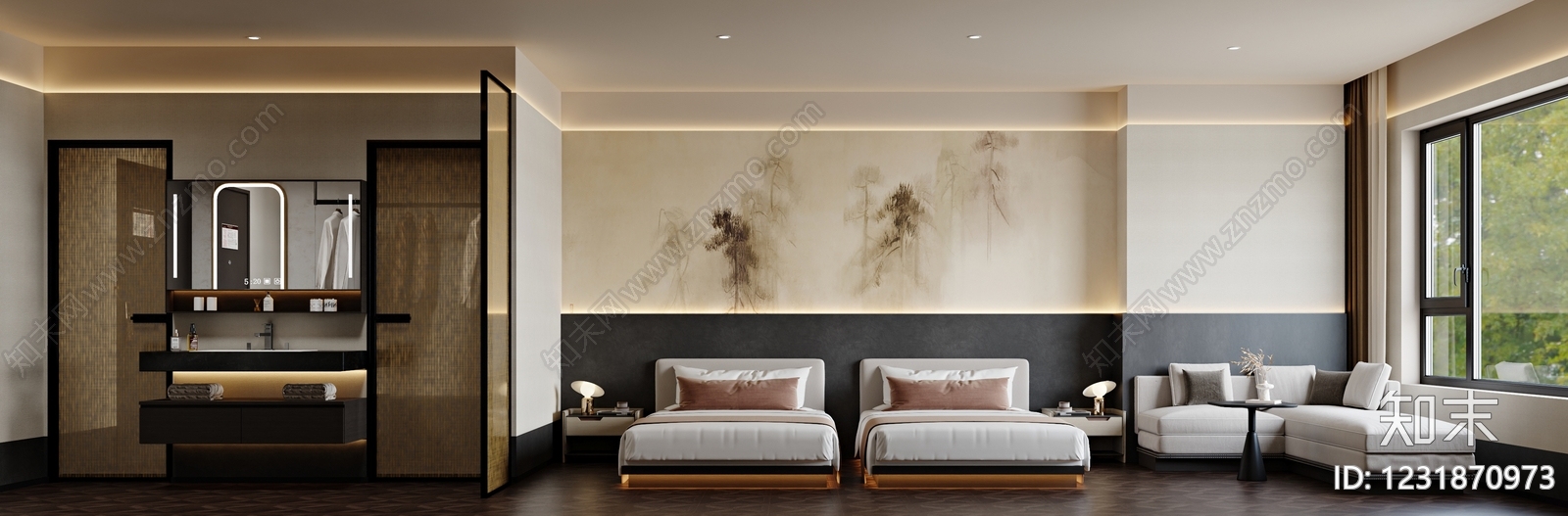 新中式酒店客房3D模型下载【ID:1231870973】