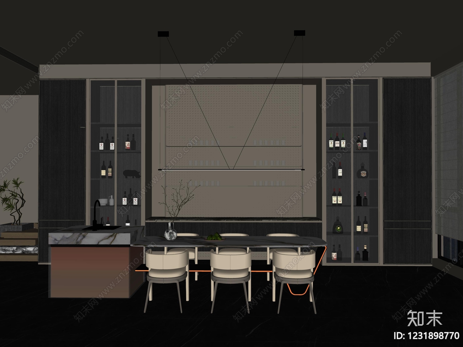 轻奢岛台餐厅SU模型下载【ID:1231898770】