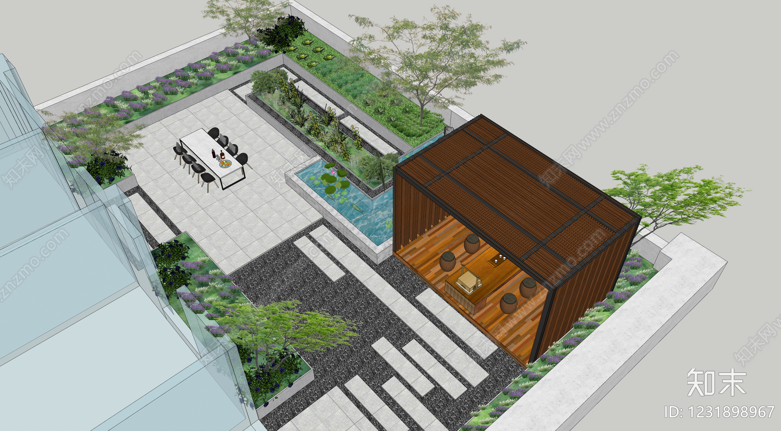 新中式景观屋顶花园SU模型下载【ID:1231898967】